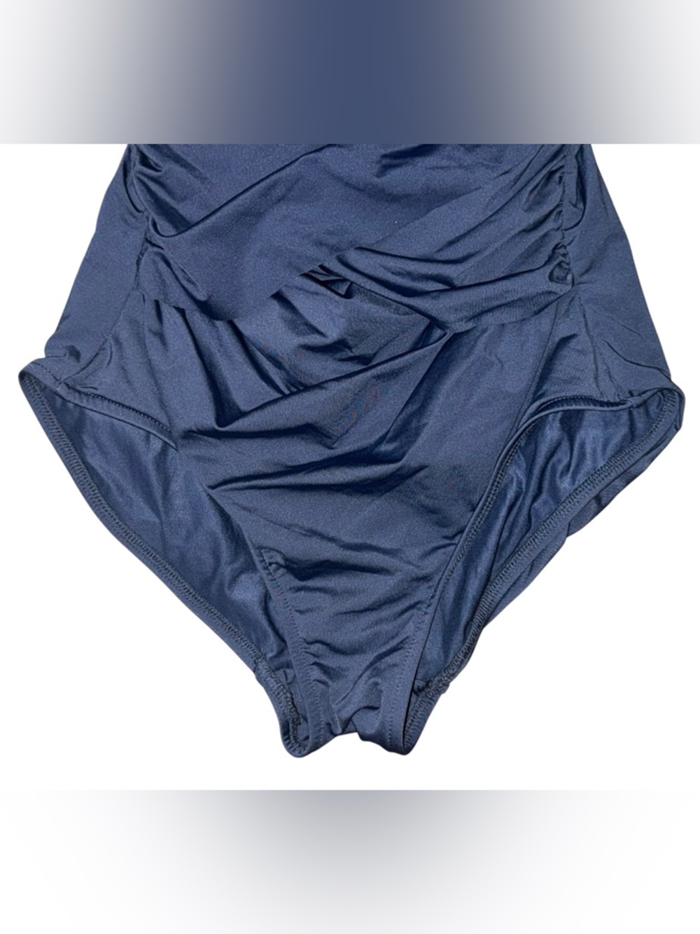 Badgley Mischka Drape Maillot Navy Ruched One-Piece Swimsuit, Size 4 - Picture 3 of 8